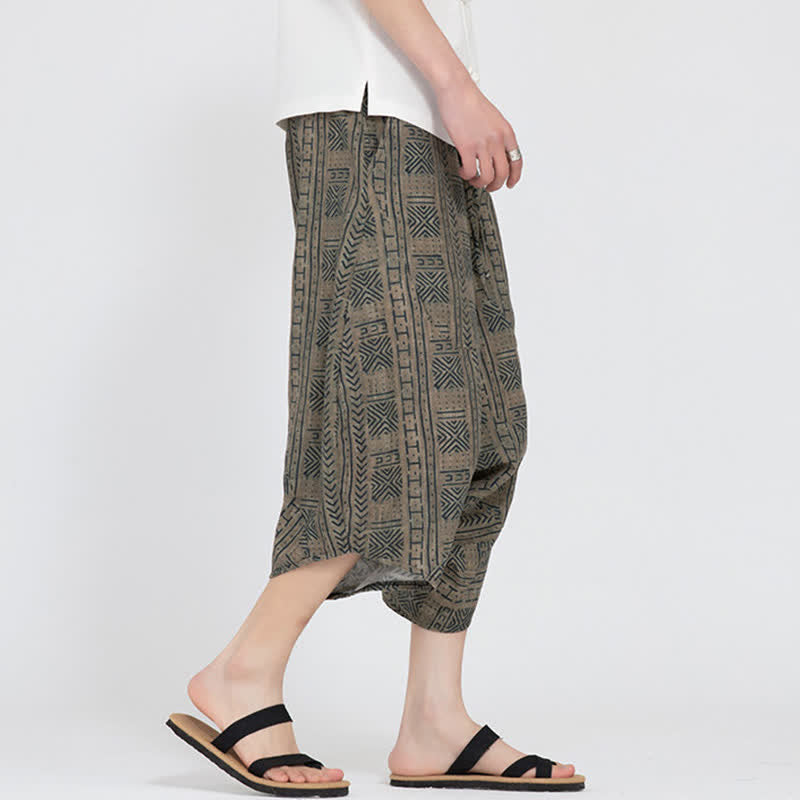 Nimara Ritual Summer Boho Casual Elastic Waist Geometric Floral Pattern Capri Pants Men's Harem Pants