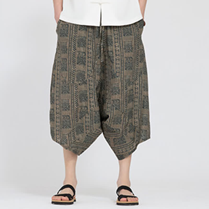 Nimara Ritual Summer Boho Casual Elastic Waist Geometric Floral Pattern Capri Pants Men's Harem Pants