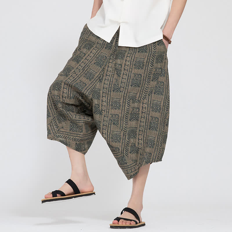 Nimara Ritual Summer Boho Casual Elastic Waist Geometric Floral Pattern Capri Pants Men's Harem Pants