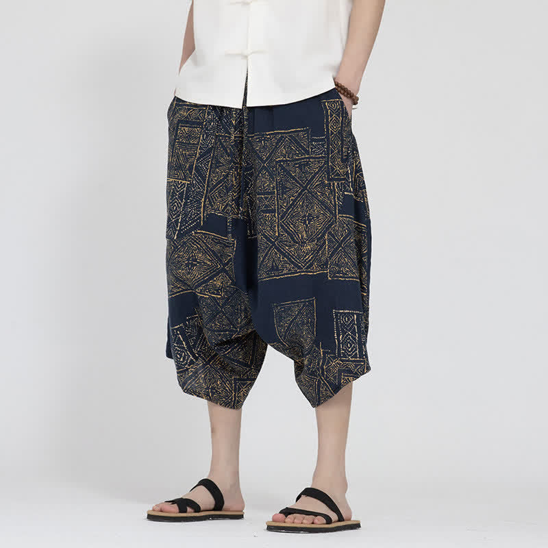 Nimara Ritual Summer Boho Casual Elastic Waist Geometric Floral Pattern Capri Pants Men's Harem Pants