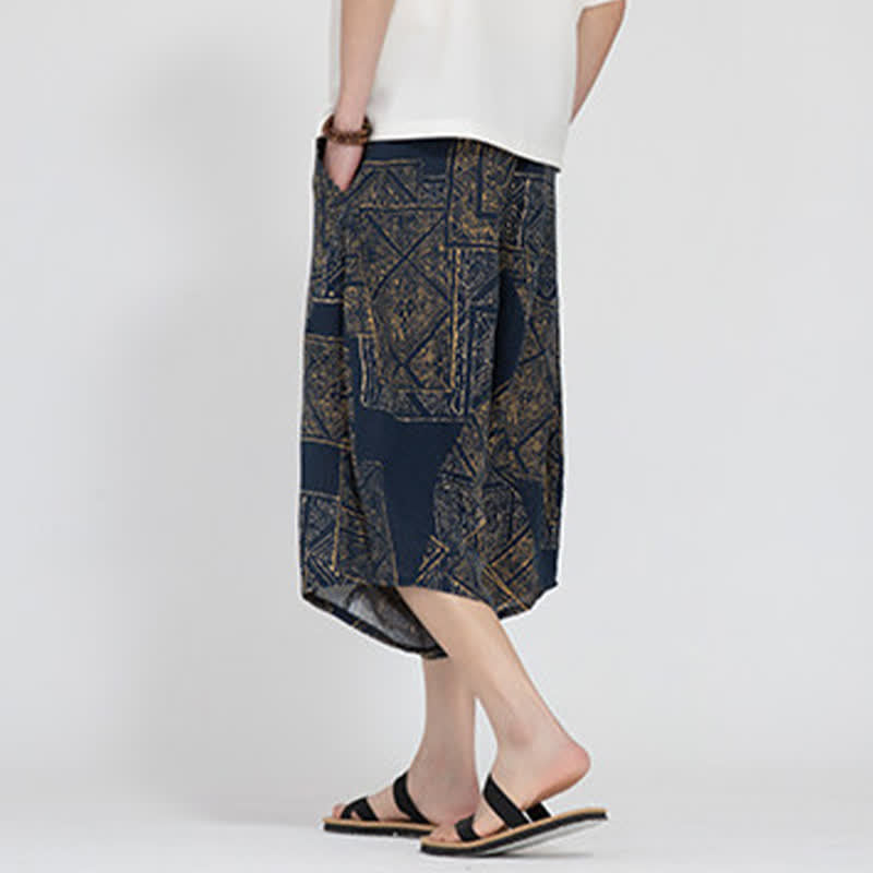 Nimara Ritual Summer Boho Casual Elastic Waist Geometric Floral Pattern Capri Pants Men's Harem Pants