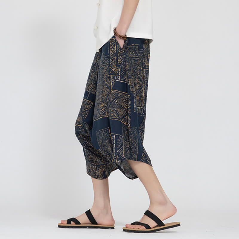 Nimara Ritual Summer Boho Casual Elastic Waist Geometric Floral Pattern Capri Pants Men's Harem Pants