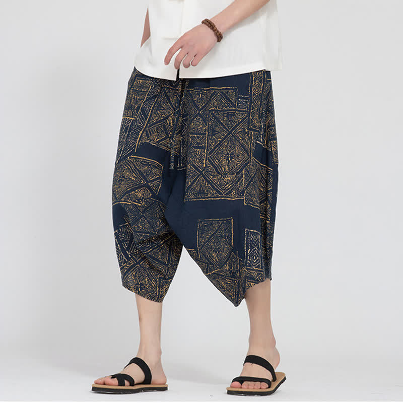 Nimara Ritual Summer Boho Casual Elastic Waist Geometric Floral Pattern Capri Pants Men's Harem Pants