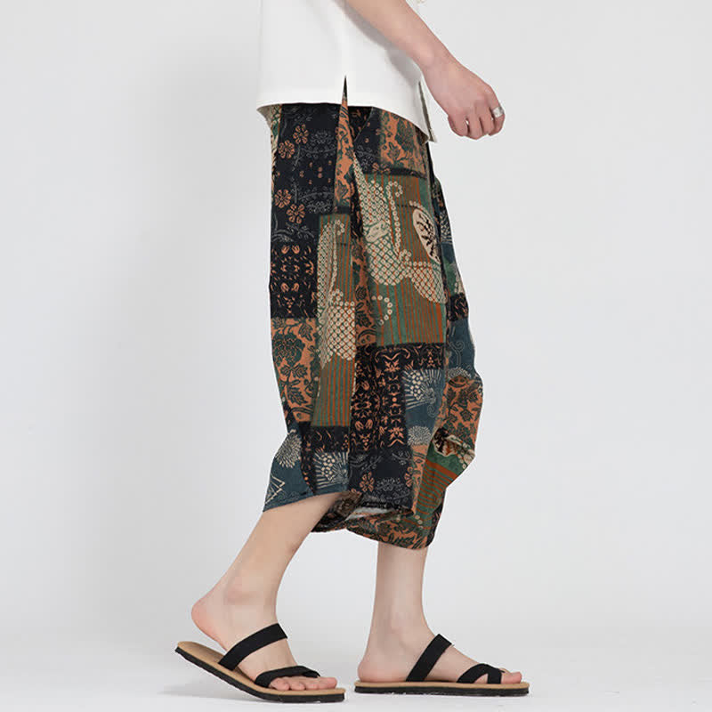 Nimara Ritual Summer Boho Casual Elastic Waist Geometric Floral Pattern Capri Pants Men's Harem Pants