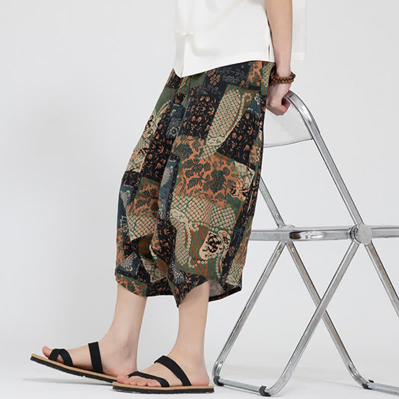 Nimara Ritual Summer Boho Casual Elastic Waist Geometric Floral Pattern Capri Pants Men's Harem Pants
