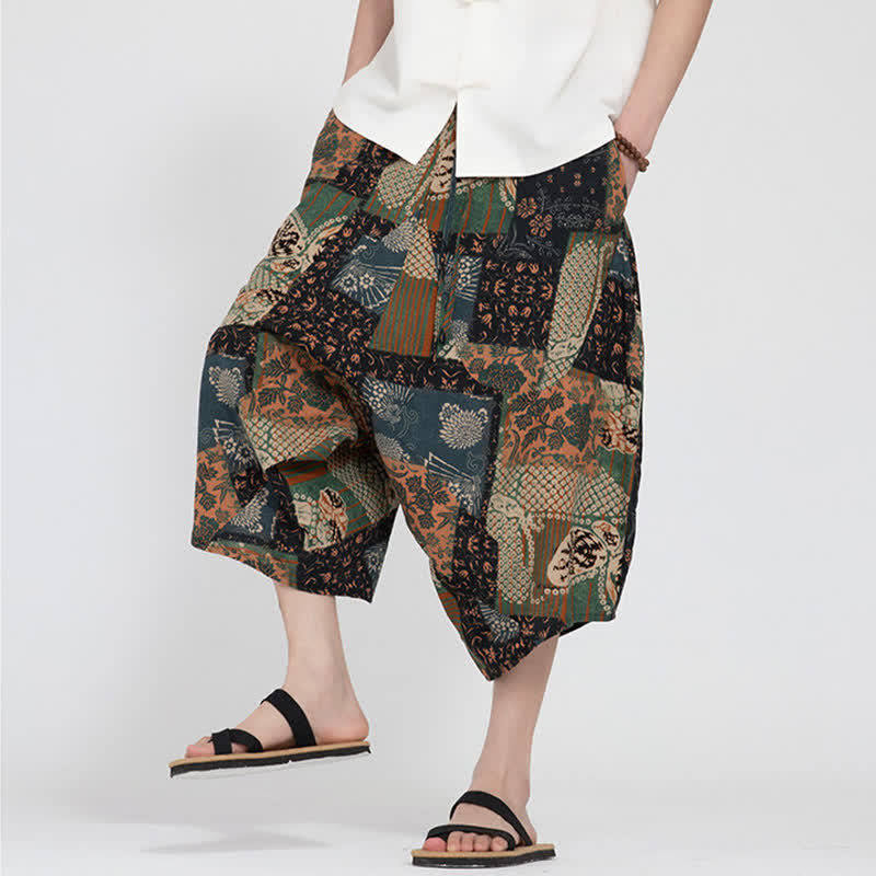 Nimara Ritual Summer Boho Casual Elastic Waist Geometric Floral Pattern Capri Pants Men's Harem Pants