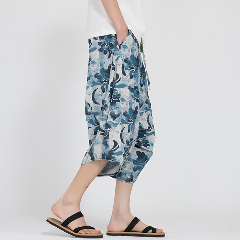 Nimara Ritual Summer Boho Casual Elastic Waist Geometric Floral Pattern Capri Pants Men's Harem Pants