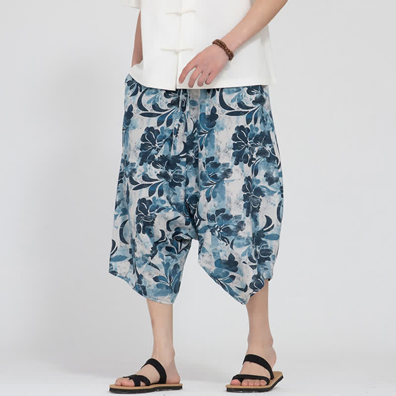 Nimara Ritual Summer Boho Casual Elastic Waist Geometric Floral Pattern Capri Pants Men's Harem Pants