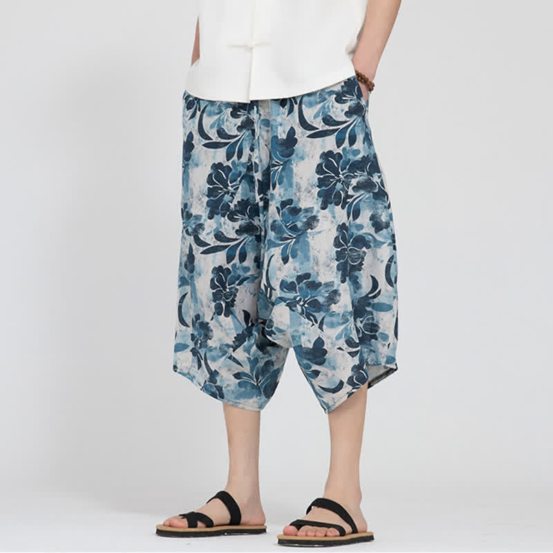 Nimara Ritual Summer Boho Casual Elastic Waist Geometric Floral Pattern Capri Pants Men's Harem Pants