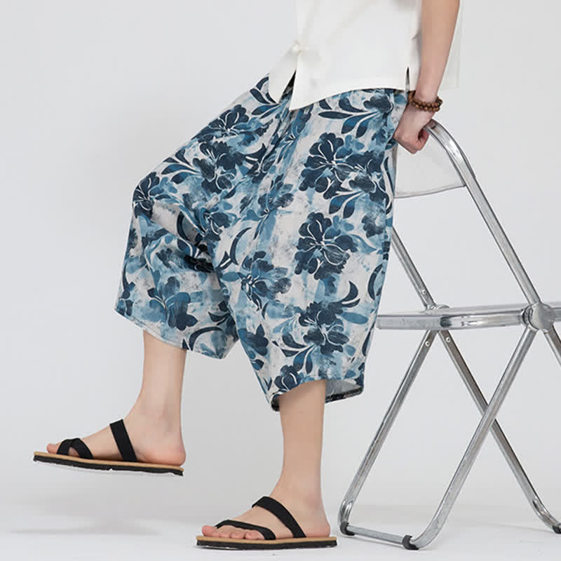 Nimara Ritual Summer Boho Casual Elastic Waist Geometric Floral Pattern Capri Pants Men's Harem Pants