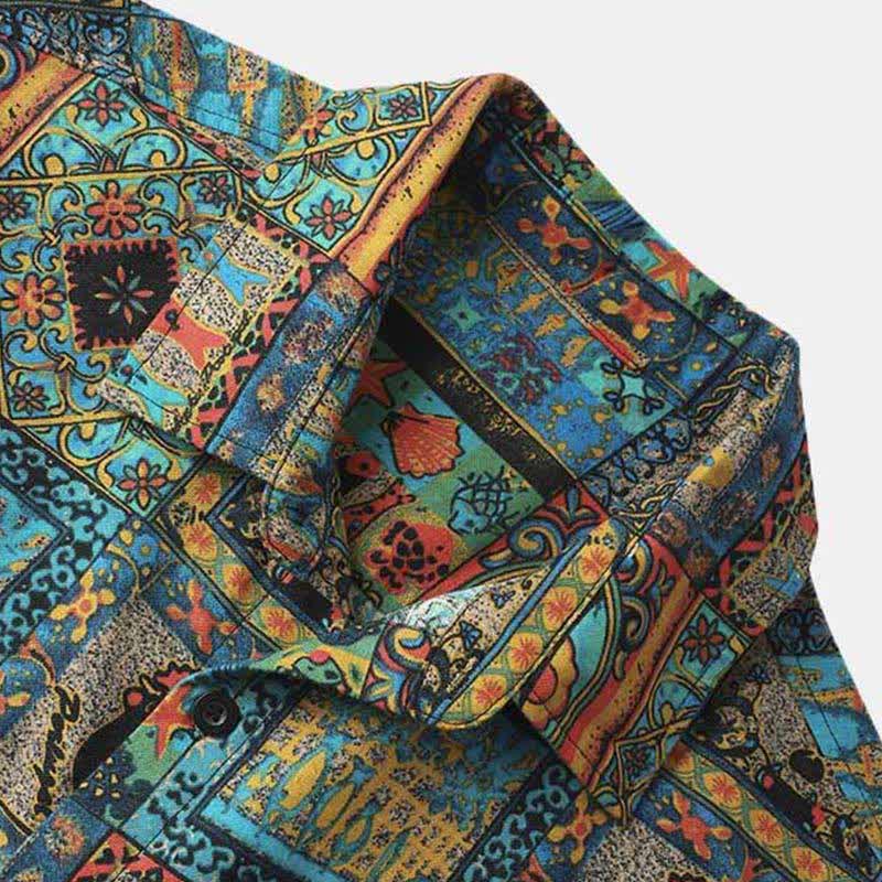Nimara Ritual Summer Boho Vintage Button-Up Geometric Men's Short Sleeve Shirts