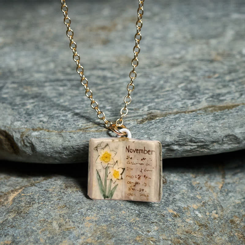 Healing and Luck Copper Birth Flower Strengthen Book Design Pendant Necklace