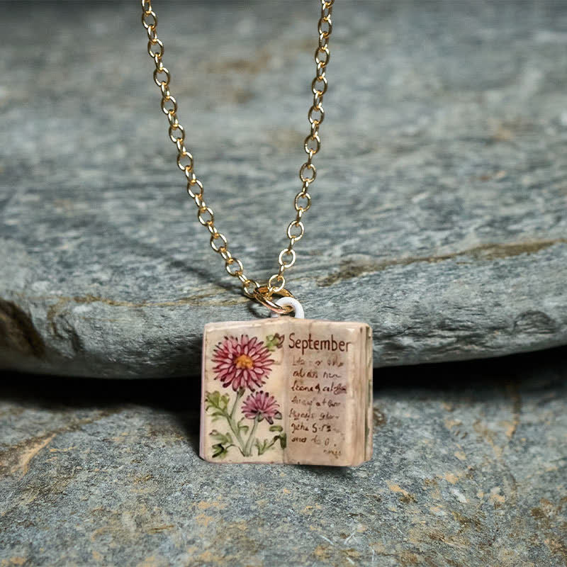 Healing and Luck Copper Birth Flower Strengthen Book Design Pendant Necklace