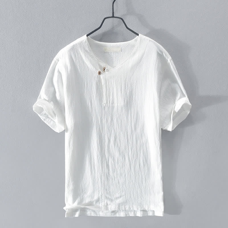 Nimara Ritual Summer Casual Asymmetrical V-Neck Button Solid Men's Short Sleeve Shirts