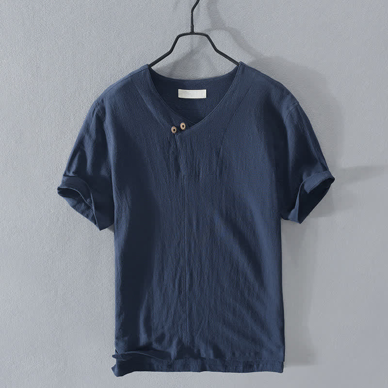 Nimara Ritual Summer Casual Asymmetrical V-Neck Button Solid Men's Short Sleeve Shirts