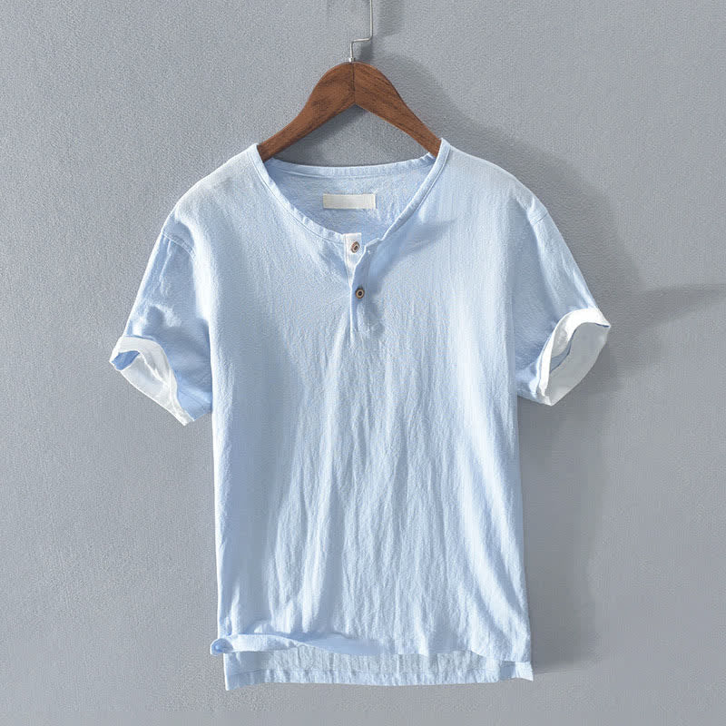 Nimara Ritual Summer Casual Minimalist Two Buttons Solid Cotton Linen Men's Short Sleeve Shirts