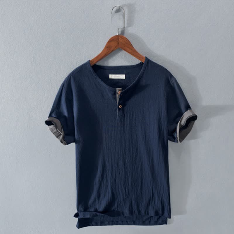 Nimara Ritual Summer Casual Minimalist Two Buttons Solid Cotton Linen Men's Short Sleeve Shirts