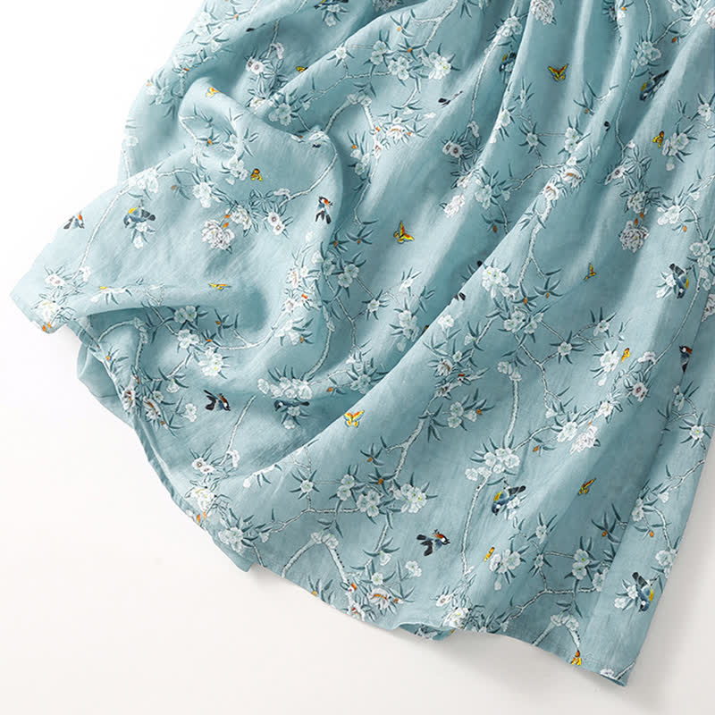 Nimara Ritual Summer Casual Vintage Drawstring Blue Floral Women's Short Sleeve Dress