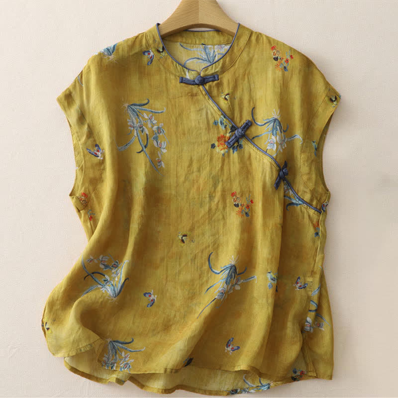 Nimara Ritual Summer Tang Style Vintage Frog Button Orchid Floral Women's Sleeveless Shirts Tank Top