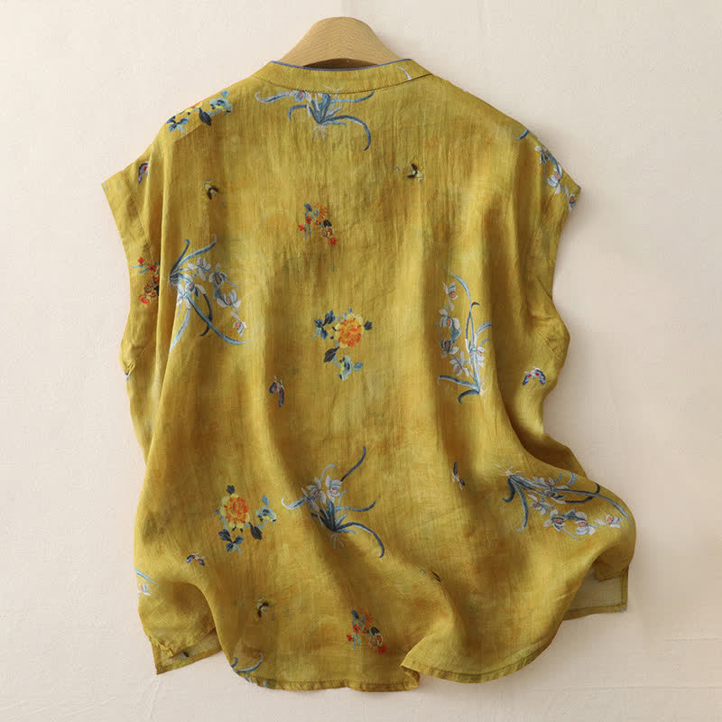 Nimara Ritual Summer Tang Style Vintage Frog Button Orchid Floral Women's Sleeveless Shirts Tank Top