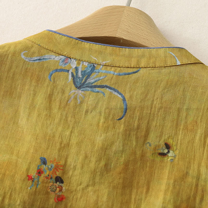 Nimara Ritual Summer Tang Style Vintage Frog Button Orchid Floral Women's Sleeveless Shirts Tank Top