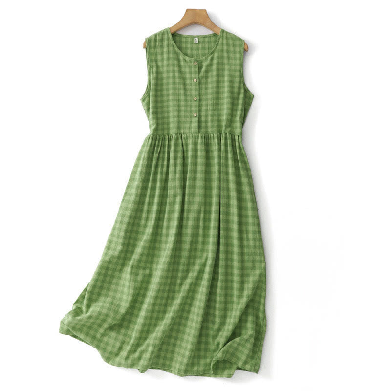 Nimara Ritual Summer Casual Vintage Decorative Buttons Green Plaid Women's Summer Sleeveless Dress With Pockets