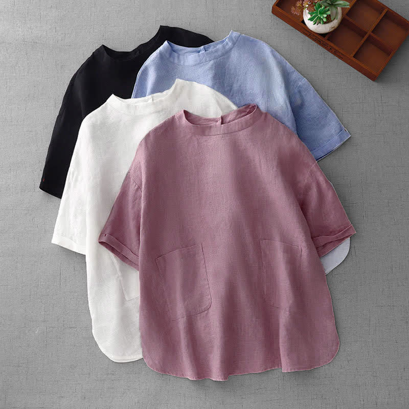 Nimara Ritual Summer Casual Minimalist Back Buttons Solid Women's Short Sleeve T-Shirts With Front Pockets
