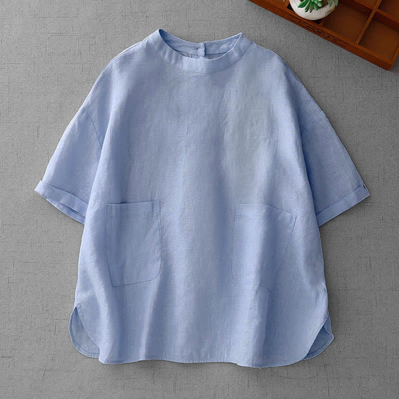 Nimara Ritual Summer Casual Minimalist Back Buttons Solid Women's Short Sleeve T-Shirts With Front Pockets