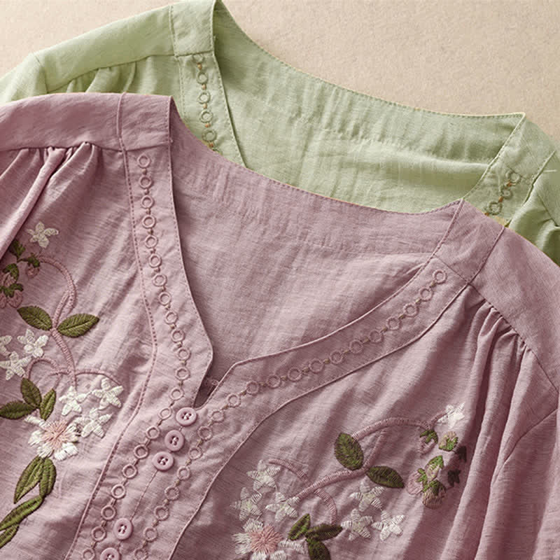 Nimara Ritual Summer Boho Embroidery Floral Women's Short Sleeve Shirt