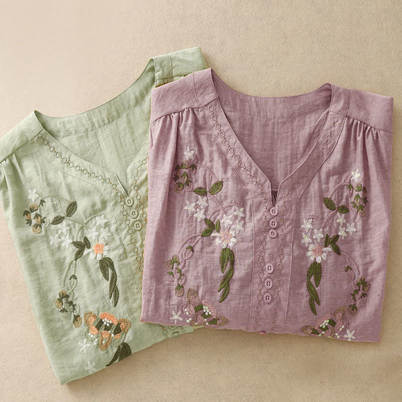 Nimara Ritual Summer Boho Embroidery Floral Women's Short Sleeve Shirt