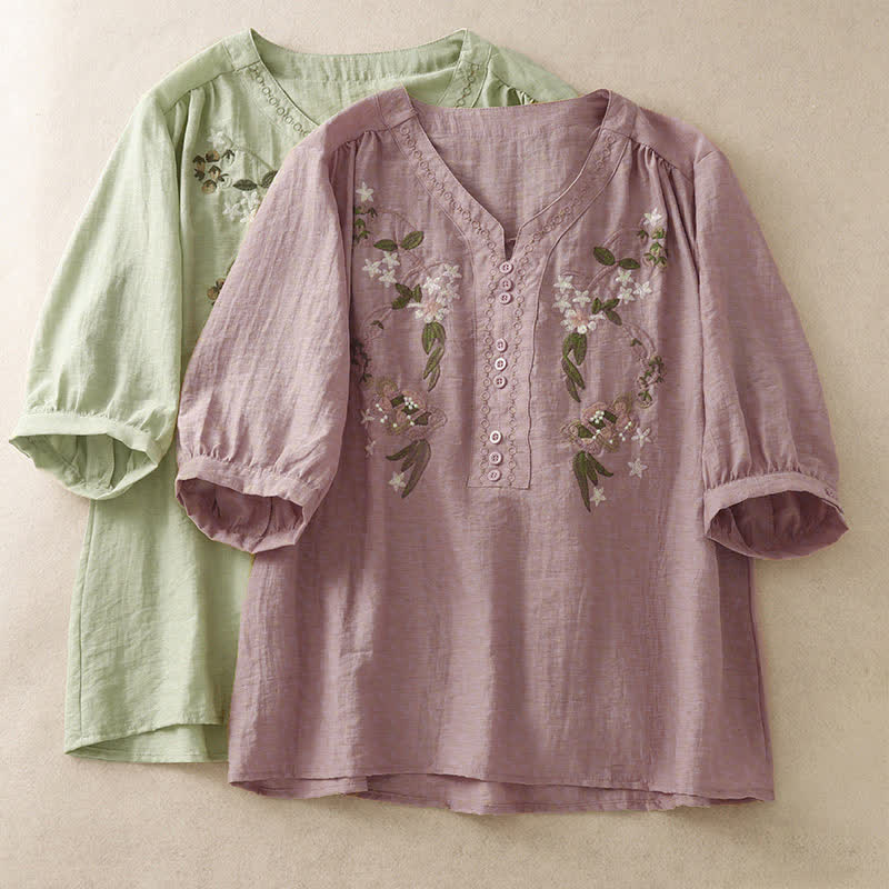 Nimara Ritual Summer Boho Embroidery Floral Women's Short Sleeve Shirt