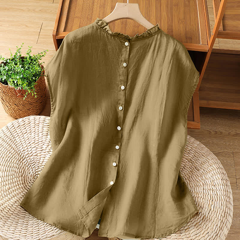 Nimara Ritual Summer Casual Ruffled Collar Back Button-up Solid Women's Sleeveless Shirts