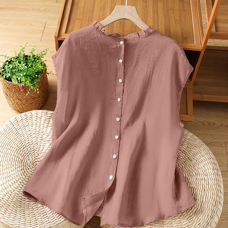 Nimara Ritual Summer Casual Ruffled Collar Back Button-up Solid Women's Sleeveless Shirts