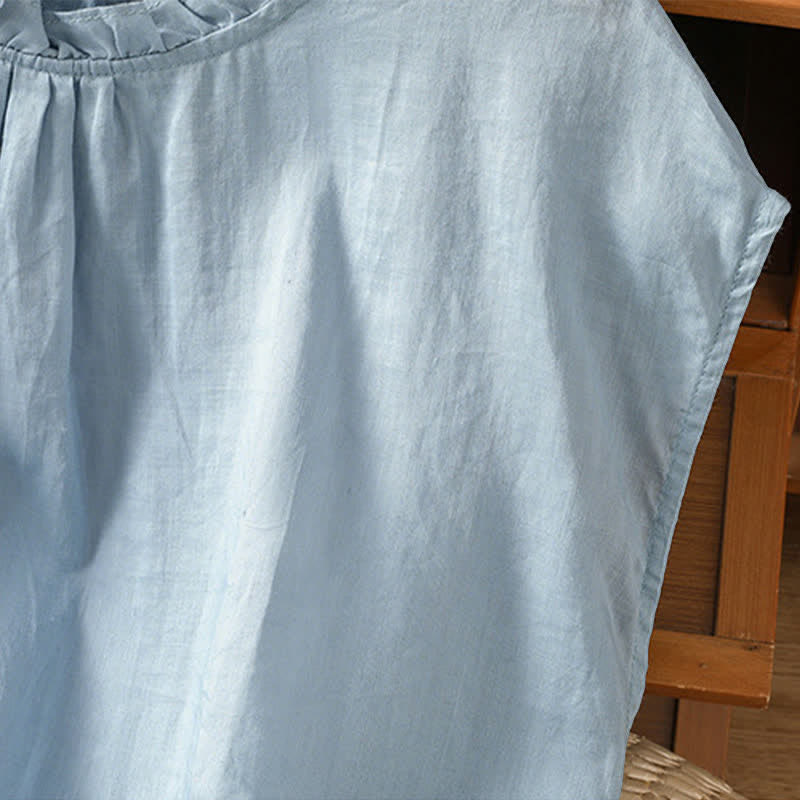 Nimara Ritual Summer Casual Ruffled Collar Back Button-up Solid Women's Sleeveless Shirts