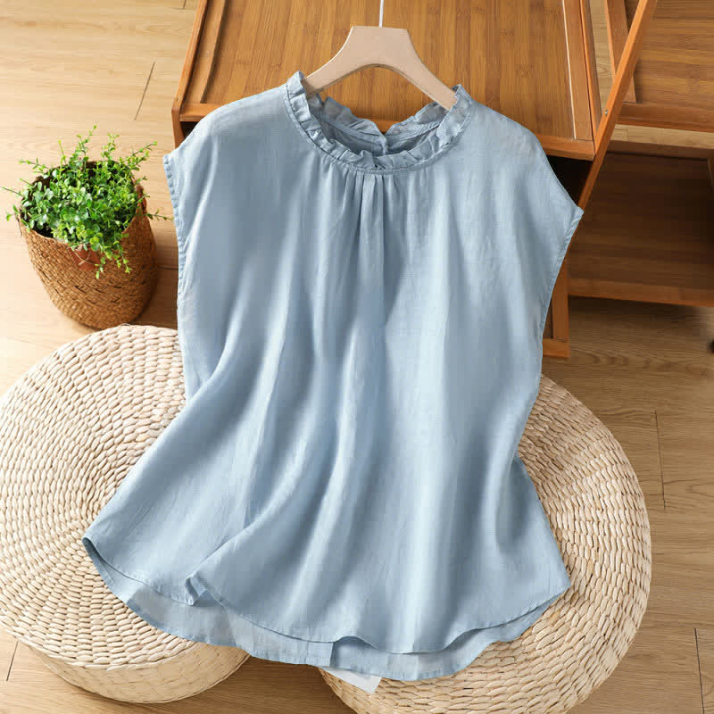 Nimara Ritual Summer Casual Ruffled Collar Back Button-up Solid Women's Sleeveless Shirts