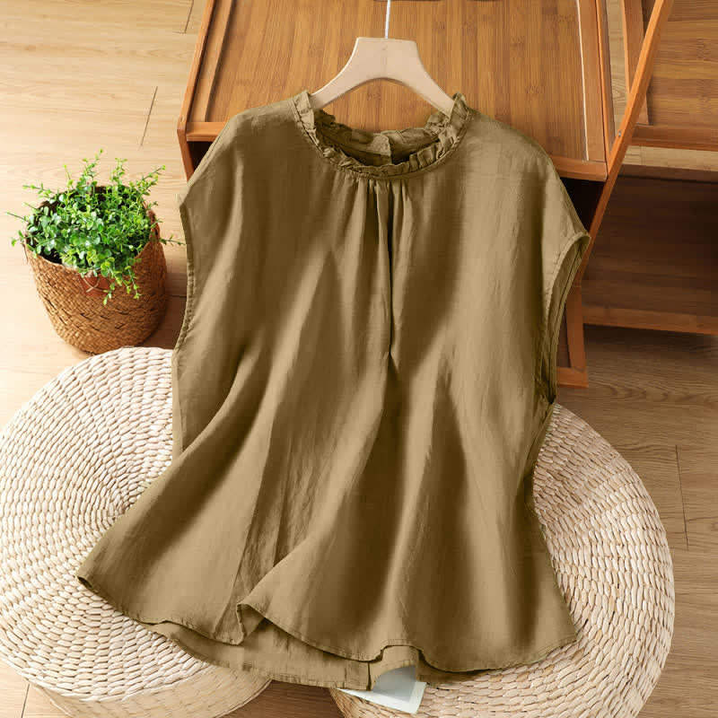 Nimara Ritual Summer Casual Ruffled Collar Back Button-up Solid Women's Sleeveless Shirts