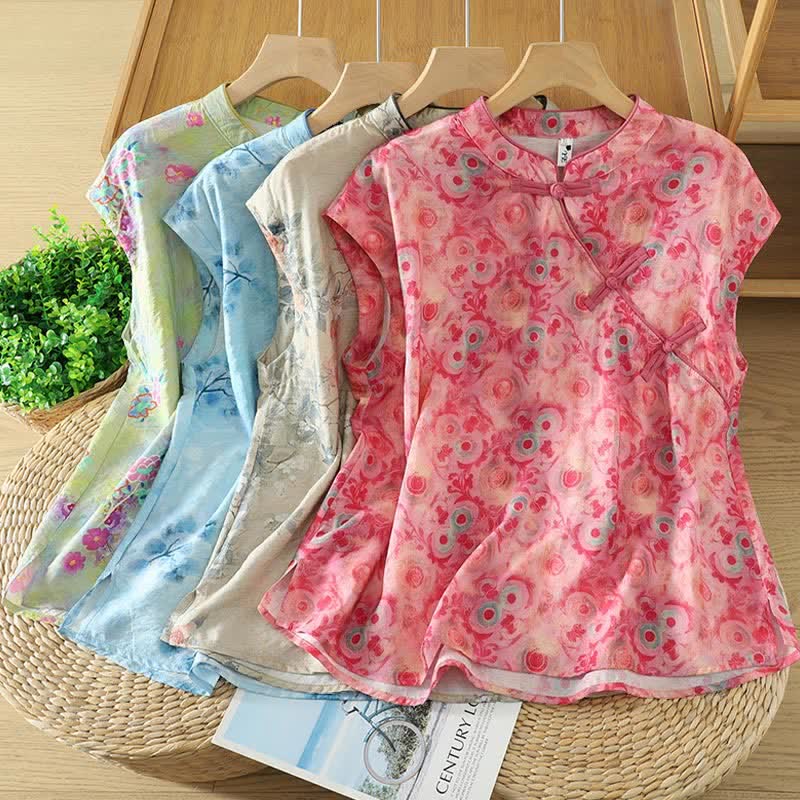Nimara Ritual Summer Elegant Mandarin Collar Side Slit Floral Print Women's Sleeveless Shirts