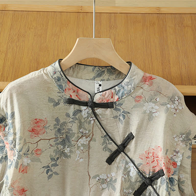 Nimara Ritual Summer Elegant Mandarin Collar Side Slit Floral Print Women's Sleeveless Shirts