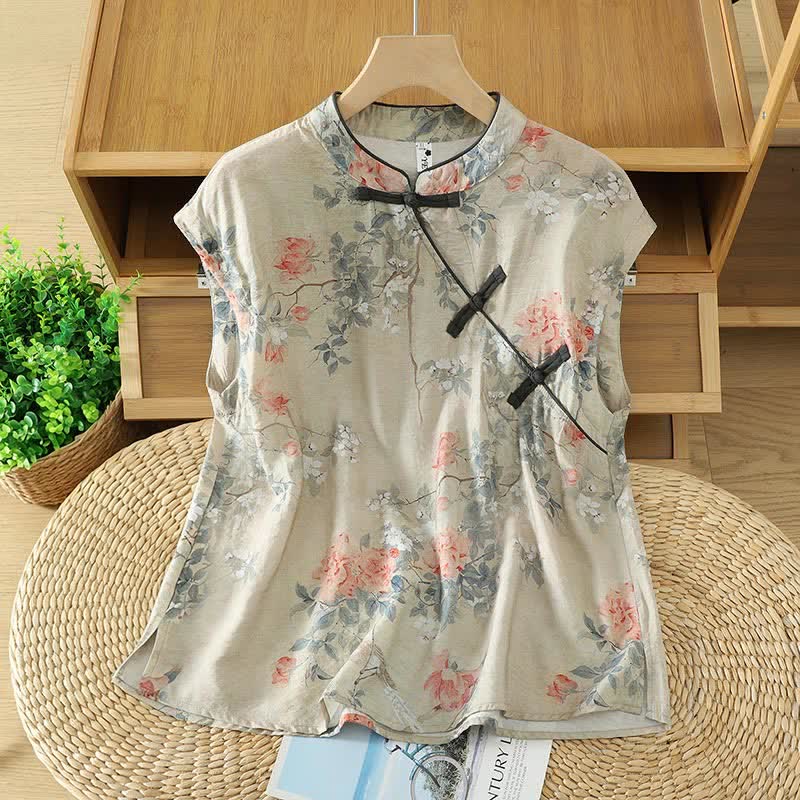 Nimara Ritual Summer Elegant Mandarin Collar Side Slit Floral Print Women's Sleeveless Shirts