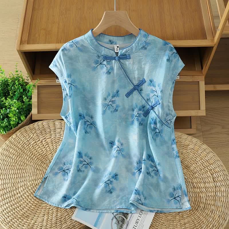 Nimara Ritual Summer Elegant Mandarin Collar Side Slit Floral Print Women's Sleeveless Shirts