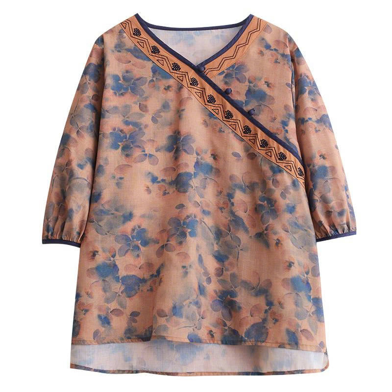 Nimara Ritual Summer Vintage Floral V-Neck Women's Elbow-Length Sleeve Shirts
