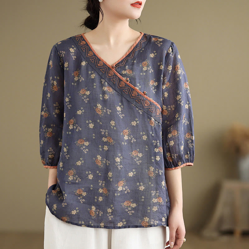 Nimara Ritual Summer Vintage Floral V-Neck Women's Elbow-Length Sleeve Shirts