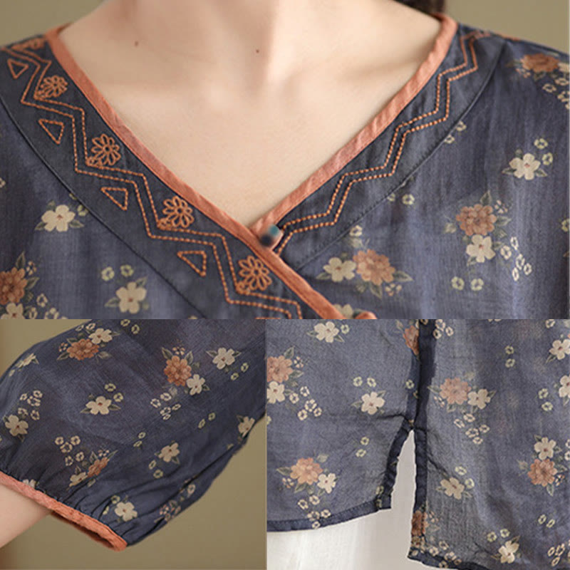 Nimara Ritual Summer Vintage Floral V-Neck Women's Elbow-Length Sleeve Shirts