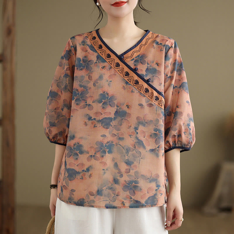 Nimara Ritual Summer Vintage Floral V-Neck Women's Elbow-Length Sleeve Shirts