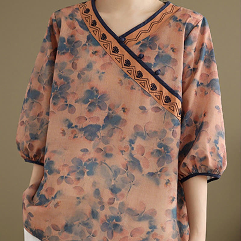 Nimara Ritual Summer Vintage Floral V-Neck Women's Elbow-Length Sleeve Shirts