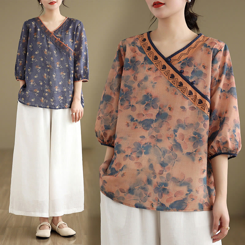 Nimara Ritual Summer Vintage Floral V-Neck Women's Elbow-Length Sleeve Shirts
