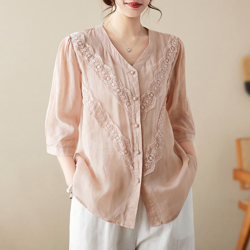 Nimara Ritual Summer Solid V-Neck Lace-trimmed Women's Elbow-Length Sleeve Shirts