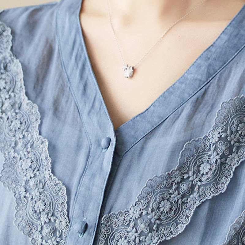 Nimara Ritual Summer Solid V-Neck Lace-trimmed Women's Elbow-Length Sleeve Shirts