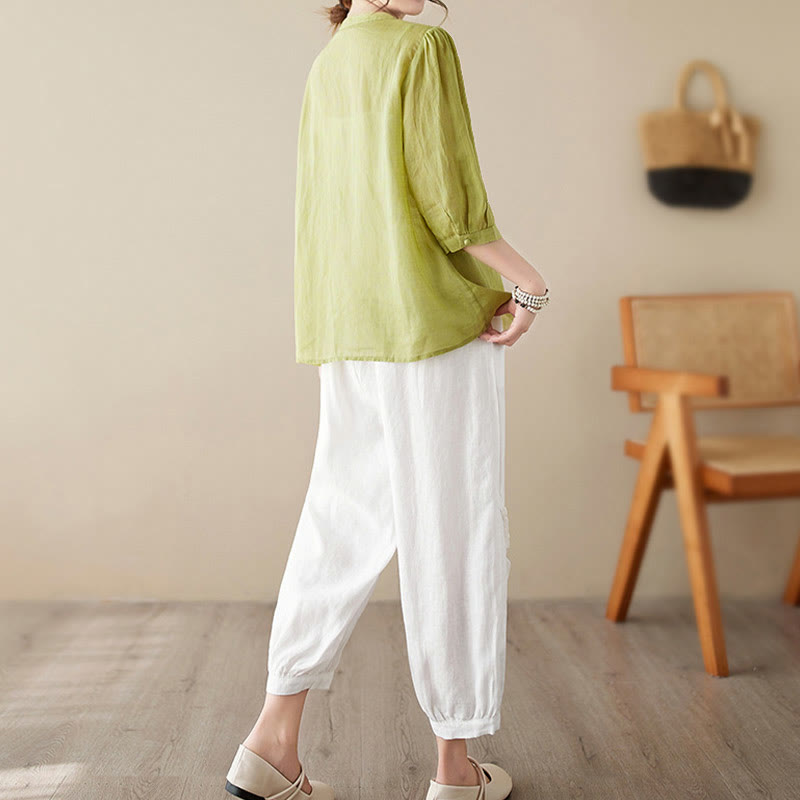 Nimara Ritual Summer Solid V-Neck Lace-trimmed Women's Elbow-Length Sleeve Shirts