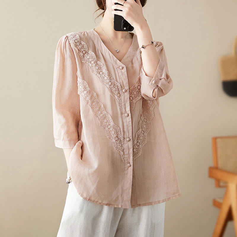 Nimara Ritual Summer Solid V-Neck Lace-trimmed Women's Elbow-Length Sleeve Shirts